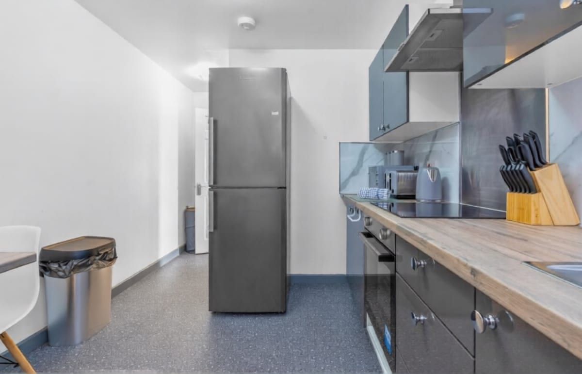 Galley kitchen with grey units, a wooden worktop, a tall fridge freezer, and an extractor over the hob.